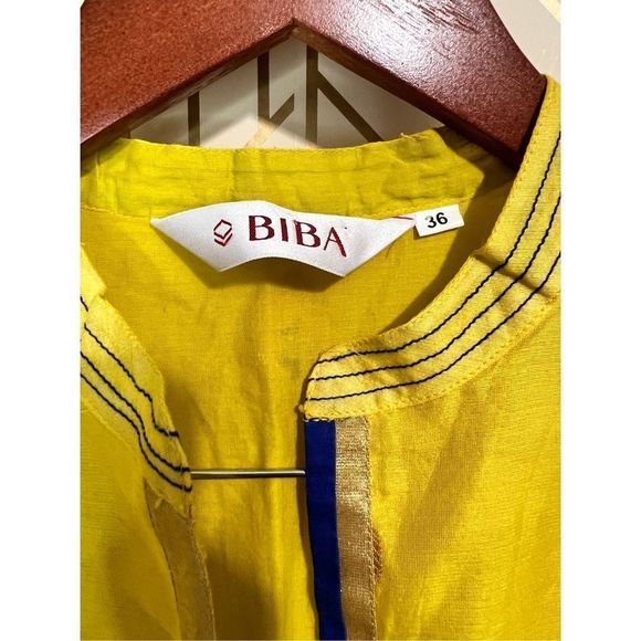 BIBA Women's Short Sleeve Round Neck Long Dress Yellow Blue Sari India Size 36 - Picture 6 of 10